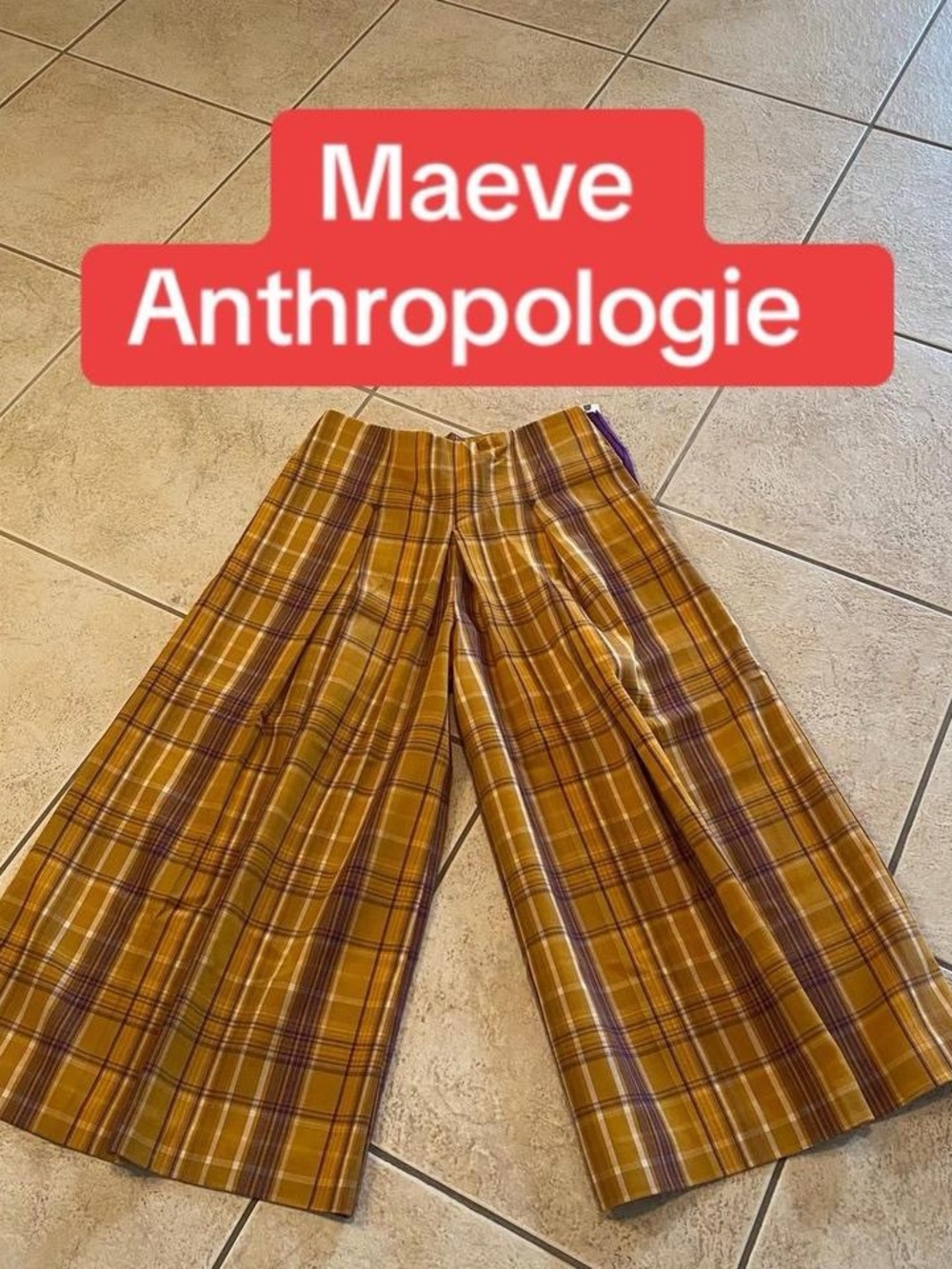 Maeve Wide-Leg Plaid Pants in Mustard and Purple